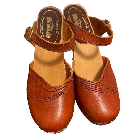 Skandals Sweden New York Vintage 60s 70s Bohemian Leather Cut Out Round Toe Wood - Picture 9 of 10